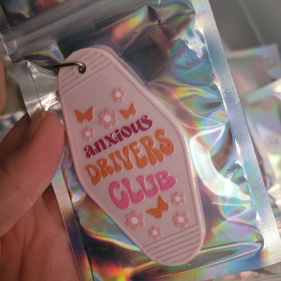 Anxious Drivers Club Motel Keychain Pink Flowers Butterflies Car Key Ring - Picture 1 of 1